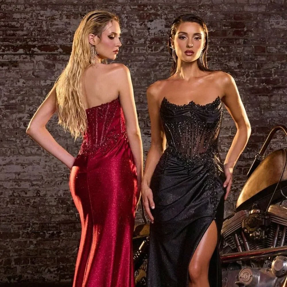 New Sheath Strapless Satin Gown w/ Ruched Side & Sheer Boned Bodice CD CC463 - Picture 4 of 9